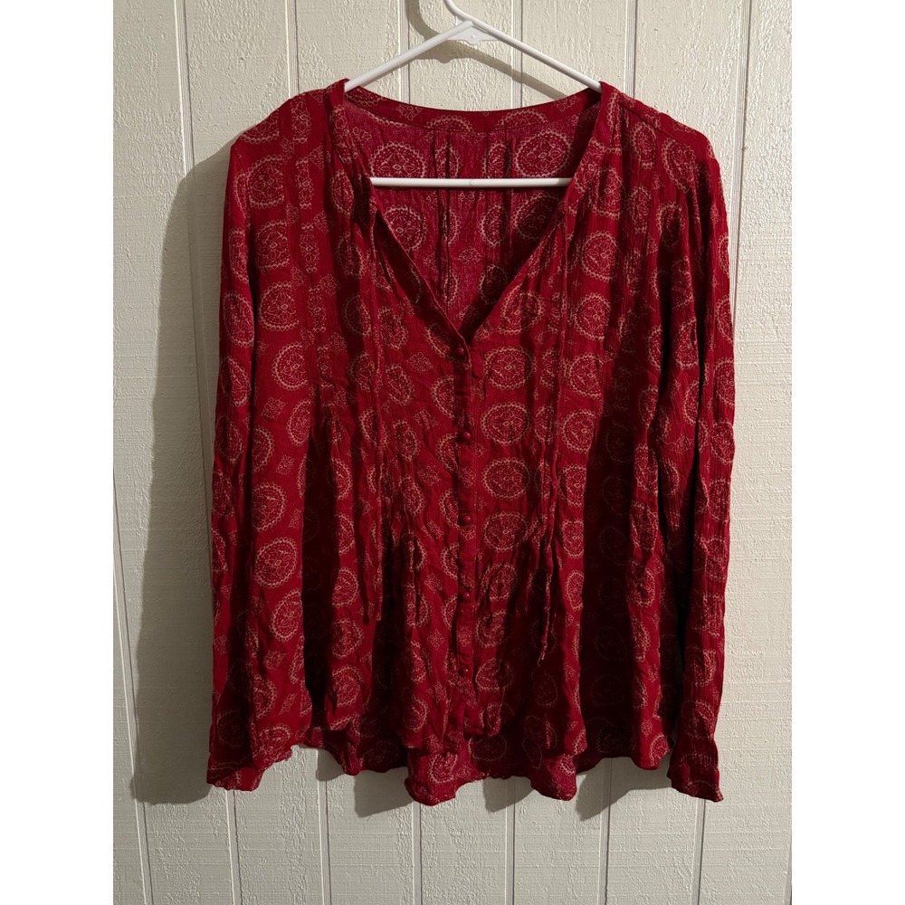 Daria Woven Top Cranberry Red Medallion Paisley Print Button Front Blouse Small